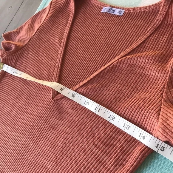 Zara Ribbed V Neck Top Dusty Terracotta Short Sleeve Fitted Tee S - Picture 4 of 7